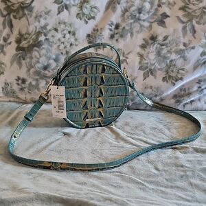 Brahmin Teal Croc-Embossed Round Crossbody Bag